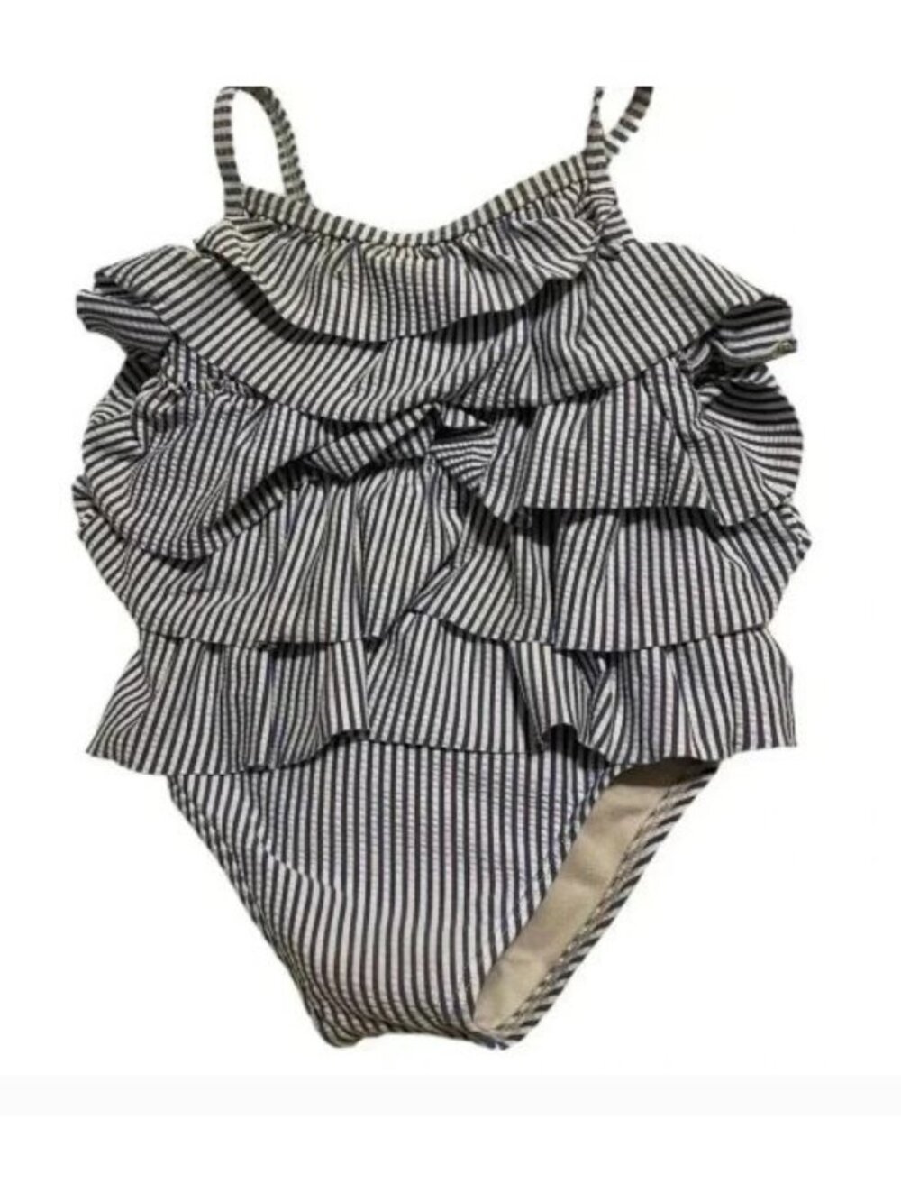 Baby Boden Girls Blue & White Striped Ruffled One-Piece Swimsuit Size 6-12 Month